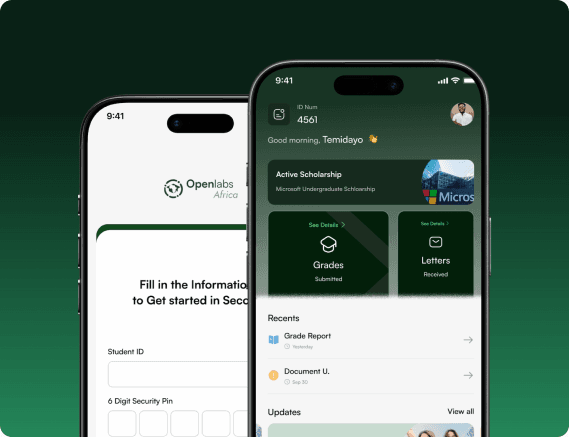 Openlabs Africa student mobile app screens
